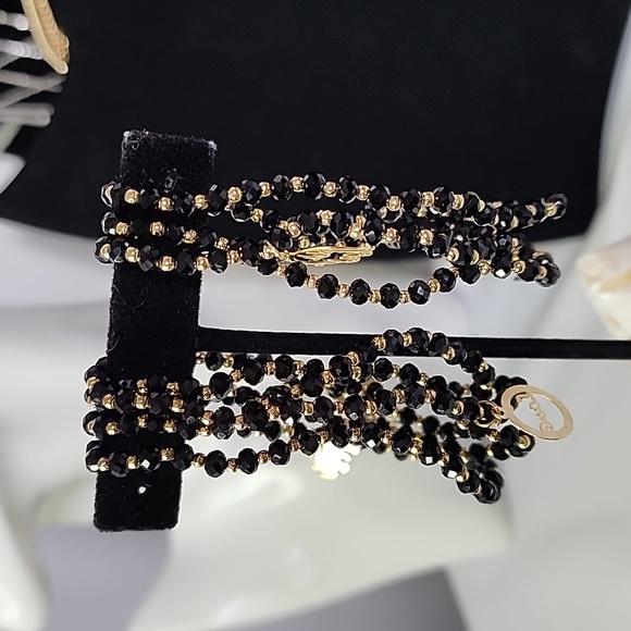 Set of 7 Black Crystal Bead Stretch Bracelet with Charm New - Picture 5 of 9